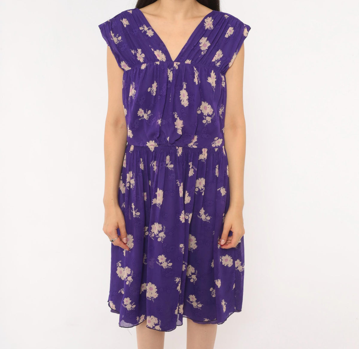 Anna Sui 2000s Purple Silk Dress Daisy Floral V-Neck Cap Sleeve Medium M
