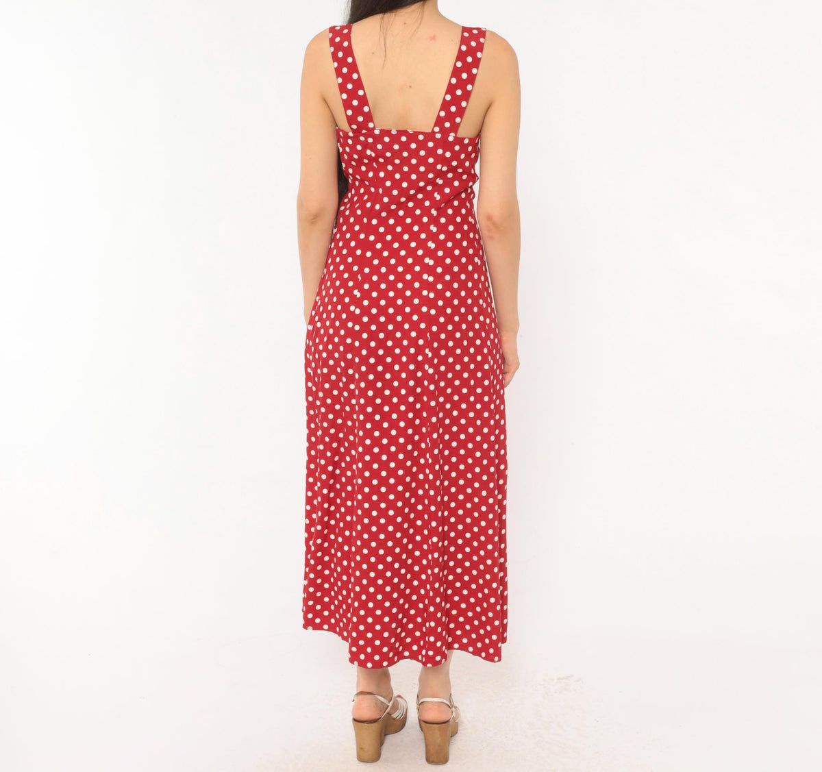 90s Gaccina Red White Polka Dot Midi Sundress Sweetheart Neckline Extra Small XS