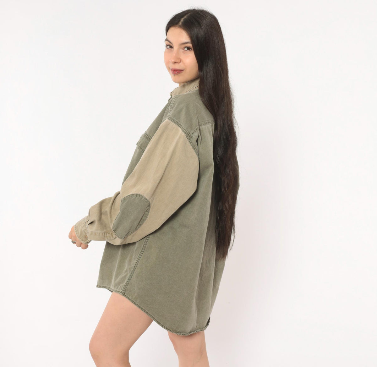 90s Redhead Two-Tone Corduroy Button-Up Shirt Olive Tan Large L