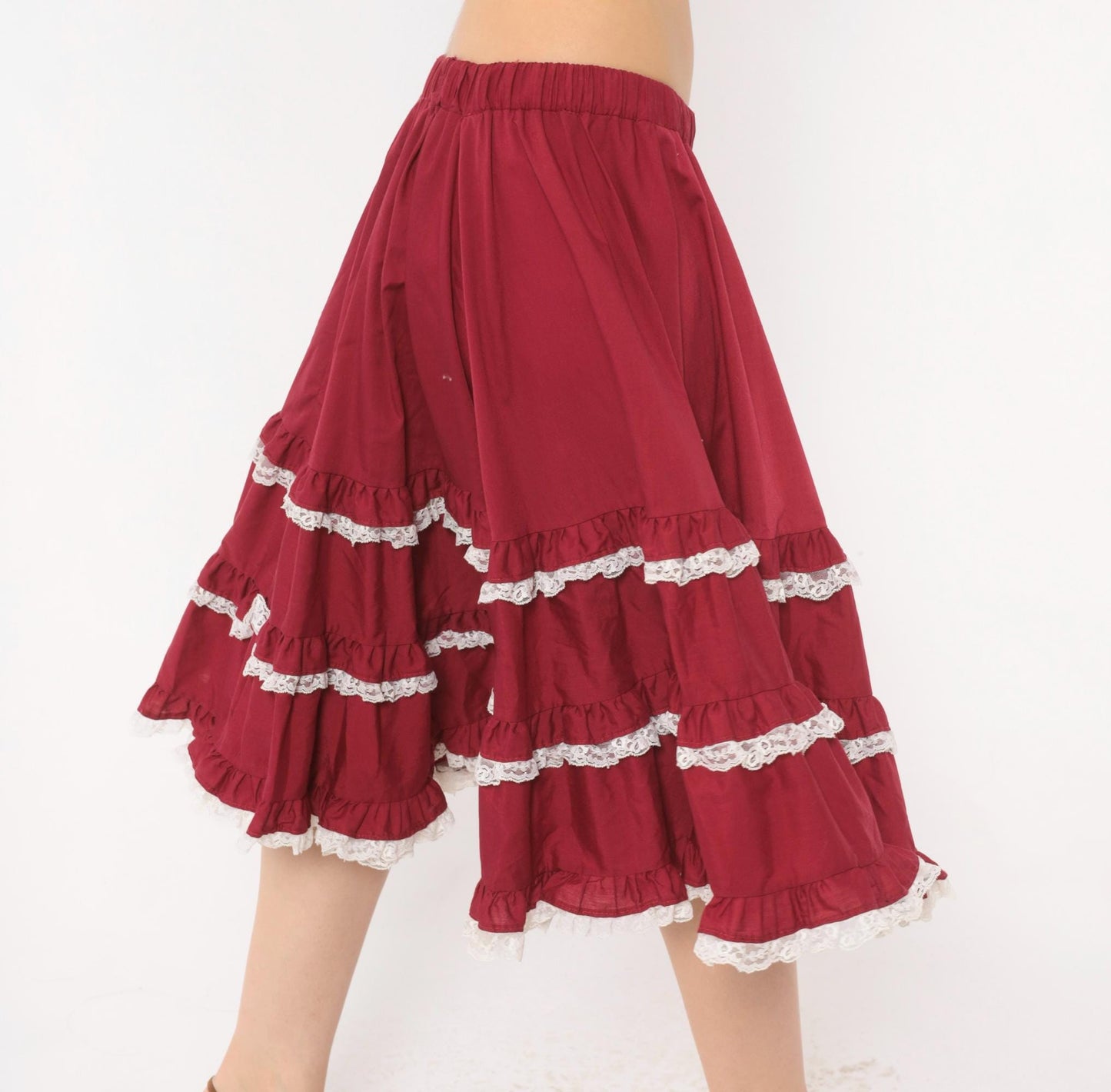 80s Burgundy Tiered Prairie Skirt Cotton Lace Trim Full Circle Medium Large