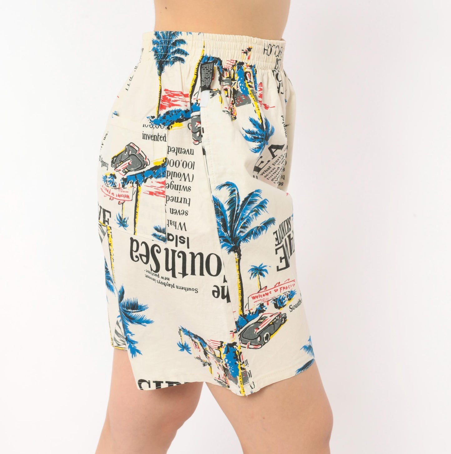 80s Altess Tropical Print Shorts Palm Tree Graphic Cream Blue Medium
