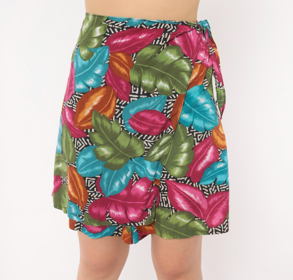 90s Cristin Stevens Tropical Leaf Wrap Skort Magenta Teal Mini Extra Large XL