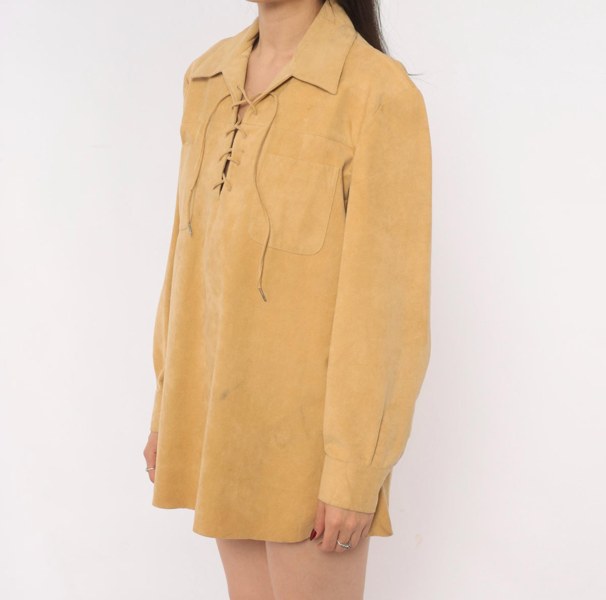 70s Tan Faux Suede Lace-Up Tunic Shirt Pointed Collar Long Sleeve Large L