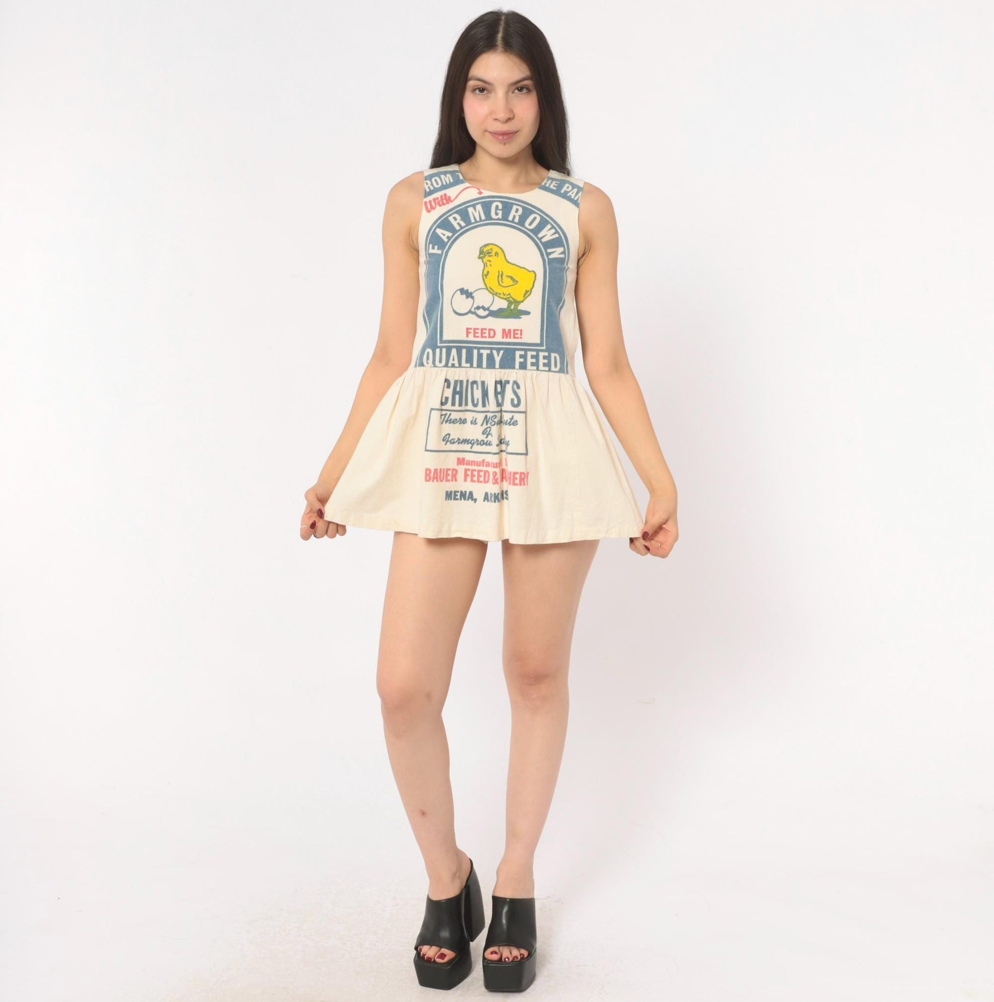 70s Chicken Feed Sack Mini Dress Cotton Cream Yellow Graphic XXS