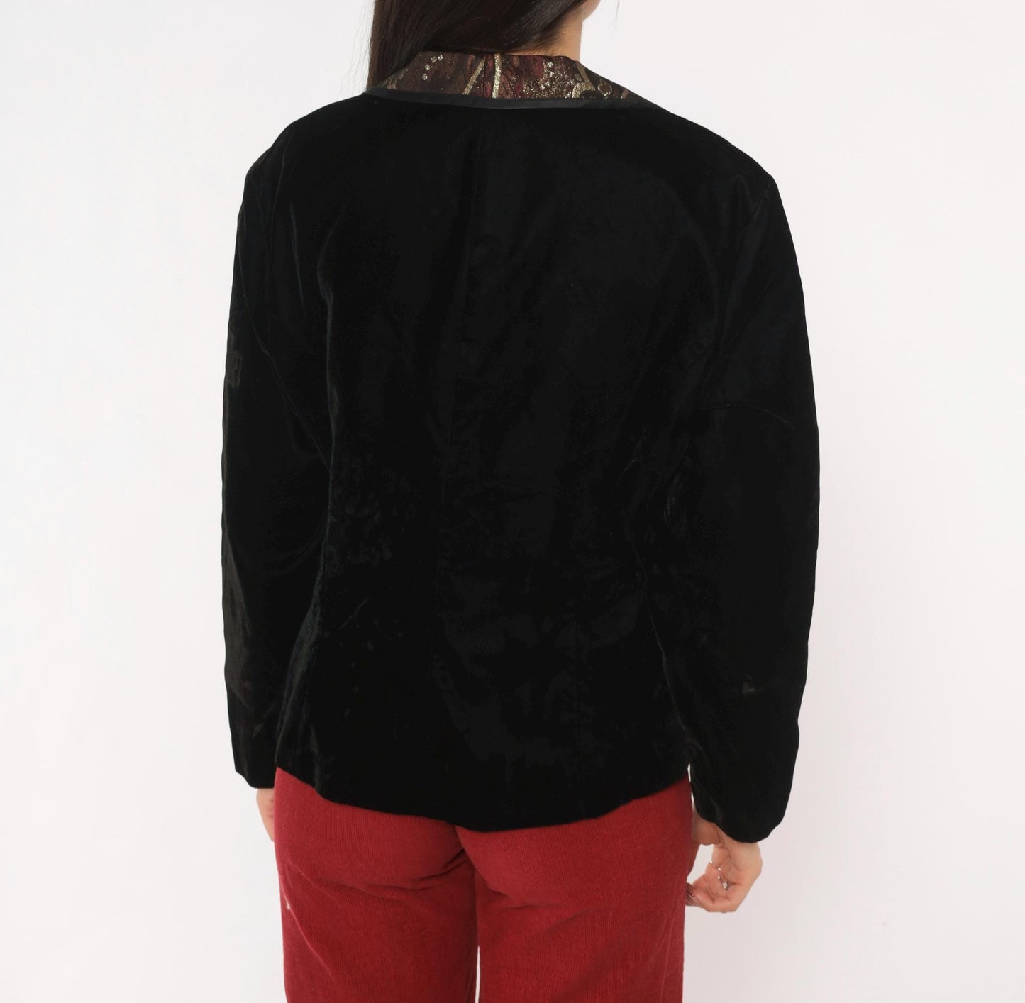 90s Patra Black Velvet Blazer Burgundy Gold Brocade Ruffle Collar Large L