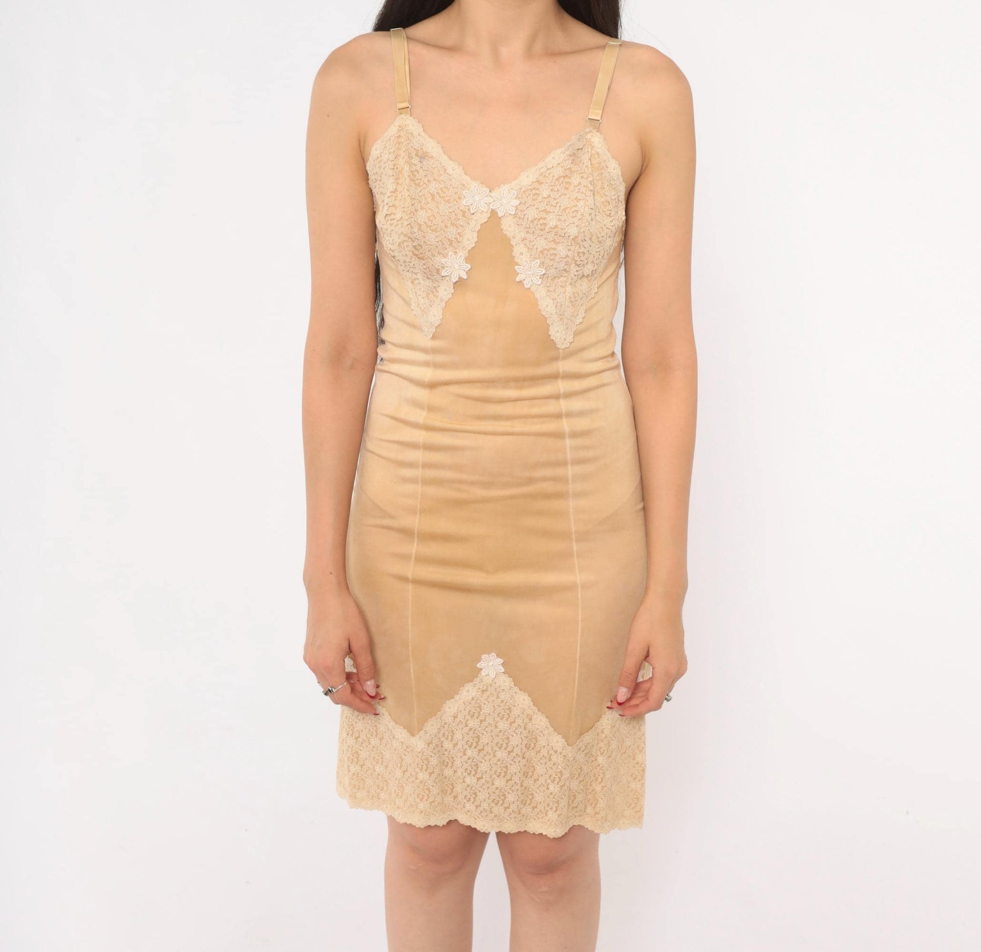 70s Tan Lace Slip Dress Floral Applique V Neck Spaghetti Strap Mini Extra Small