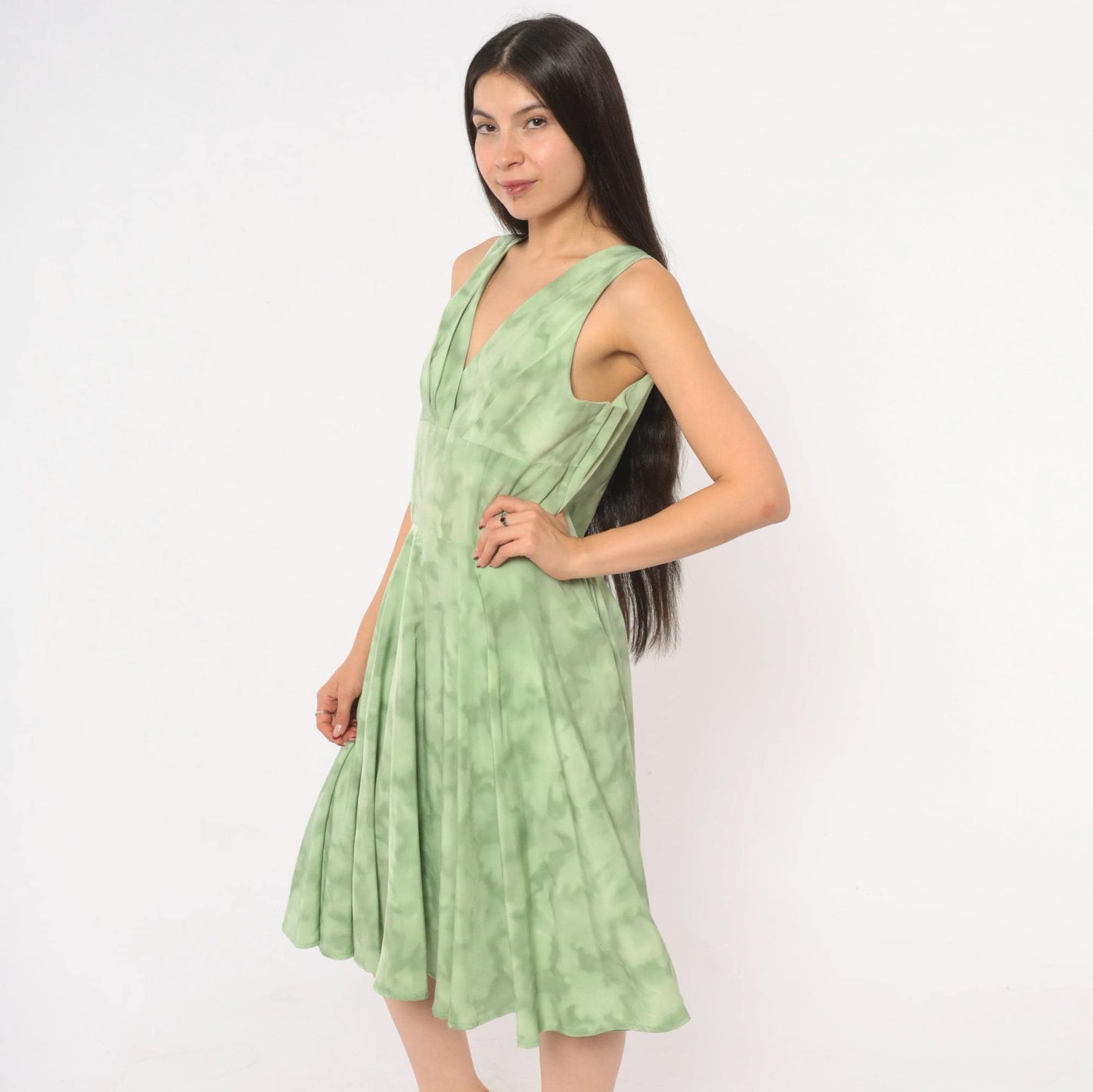 80s Sage Mint Tie Dye Sleeveless V-Neck Dress Pleated Knee Length Large