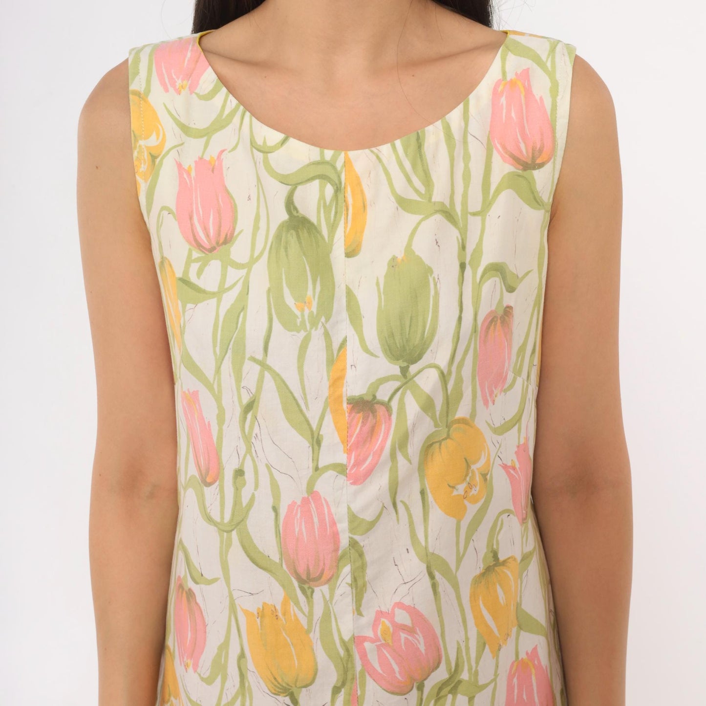 70s Tulip Print Shift Dress Sleeveless A-Line Scoop Neck Cotton Small