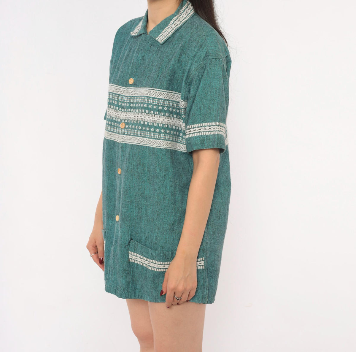 90s Teal Woven Shirt Jacquard Folk Pattern Cotton Collared Camp Large