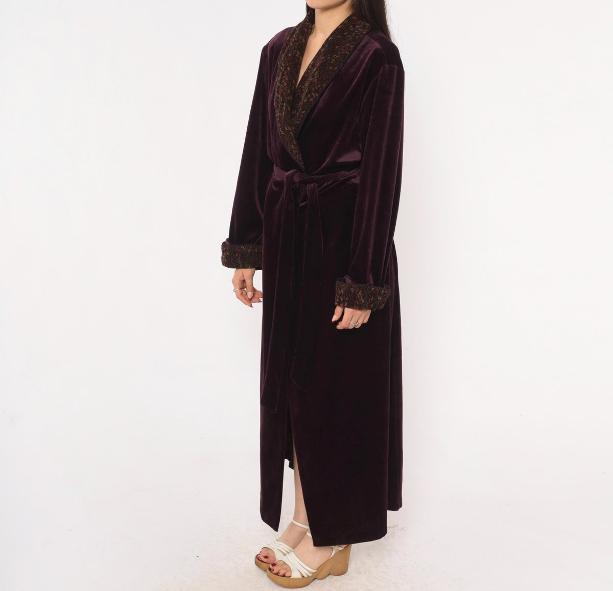 90s Plum Velvet Robe Shawl Collar Paisley Satin Lined Maxi Medium M
