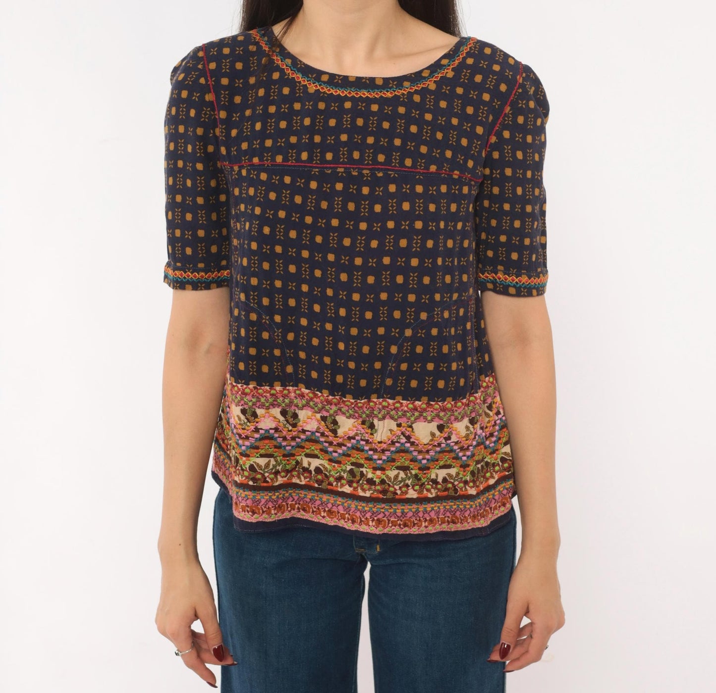 Y2K Holding Horses Embroidered Folk Art Blouse Tan Navy Geometric Cross Stitch Extra Small