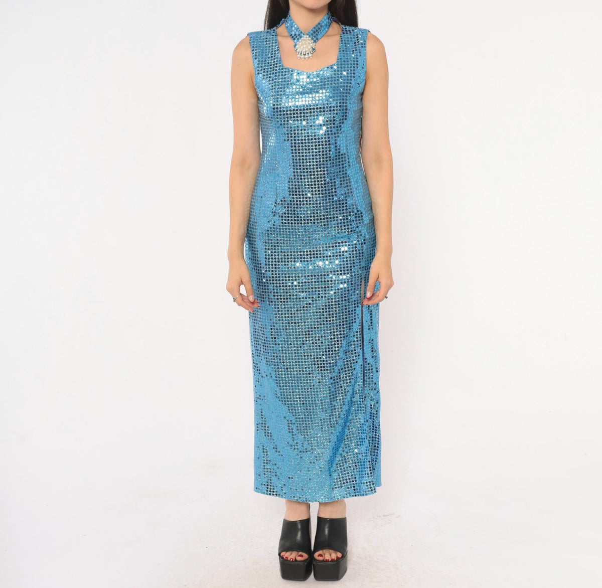 80s Ice Blue Sequin Maxi Dress Choker Neck Keyhole Sleeveless Small