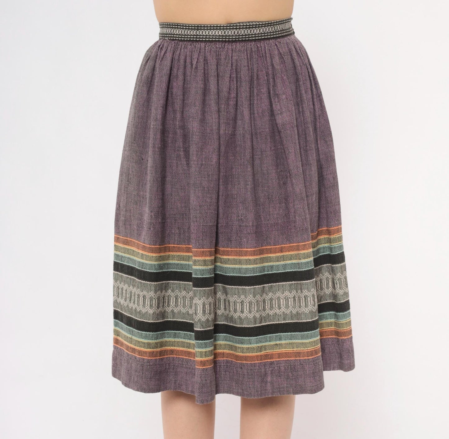 1980s Purple Woven Stripe Knee Skirt Cotton Linen Gathered Waist XS