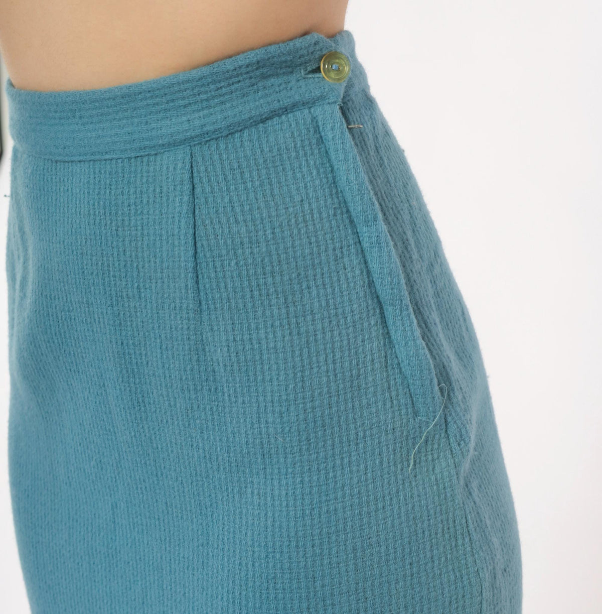 60s Dusty Blue Wool Pencil Skirt High Waist Side Zip Knee Length Extra Small XS