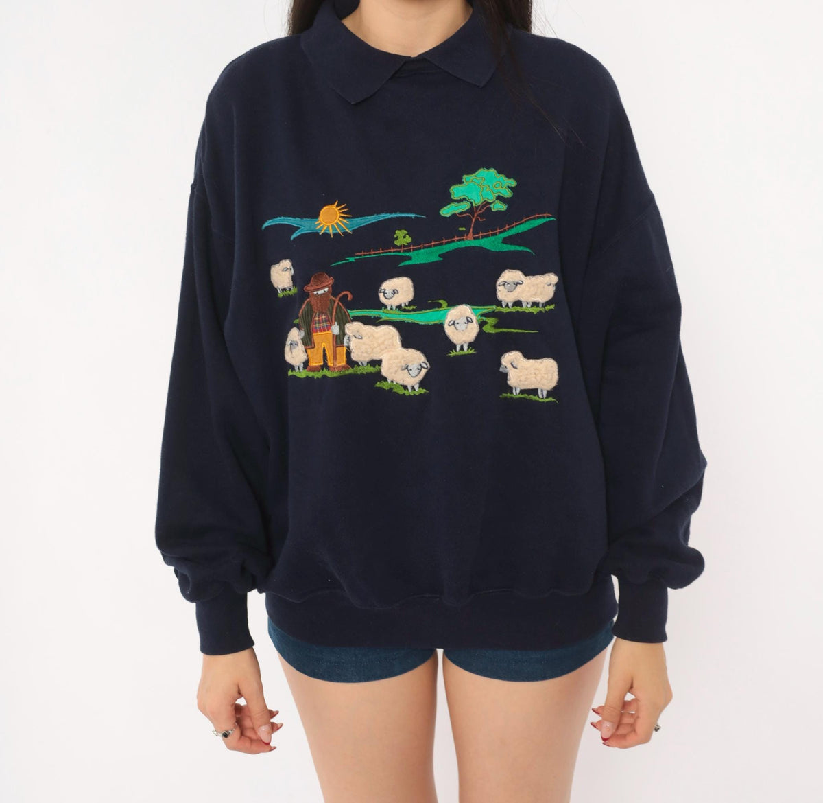 80s Tulchan Navy Collared Sweatshirt Embroidered Sheep Pastoral Scene Large L