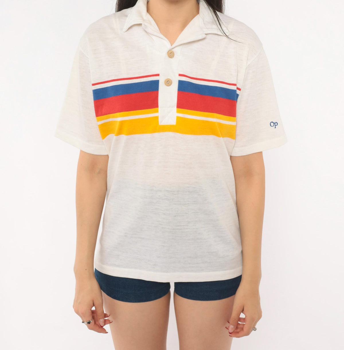 80s Ocean Pacific Polo Striped Chest Band Cotton Surf Collared Tee Small S