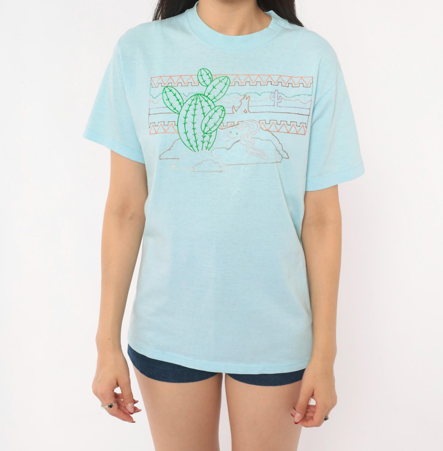 80s Sunbelt Sportswear Desert Cactus Snake Graphic Tee Light Blue Small