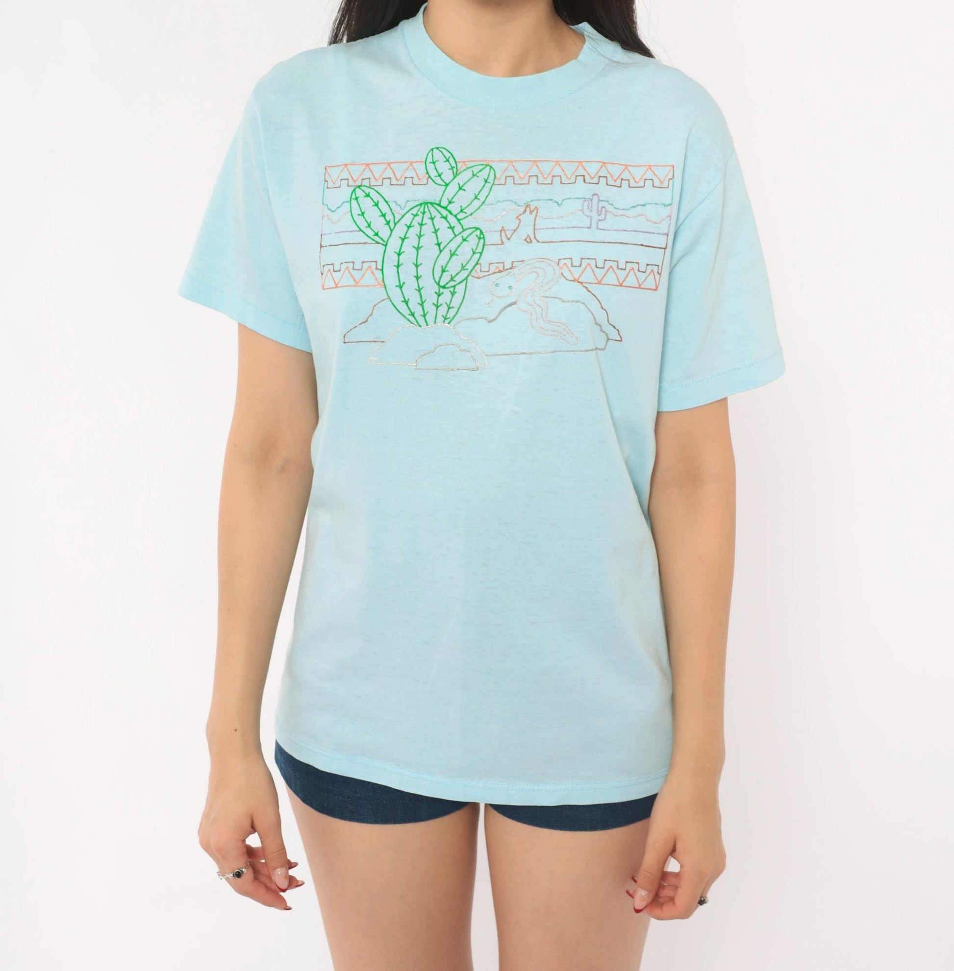 80s Sunbelt Sportswear Desert Cactus Snake Graphic Tee Light Blue Small