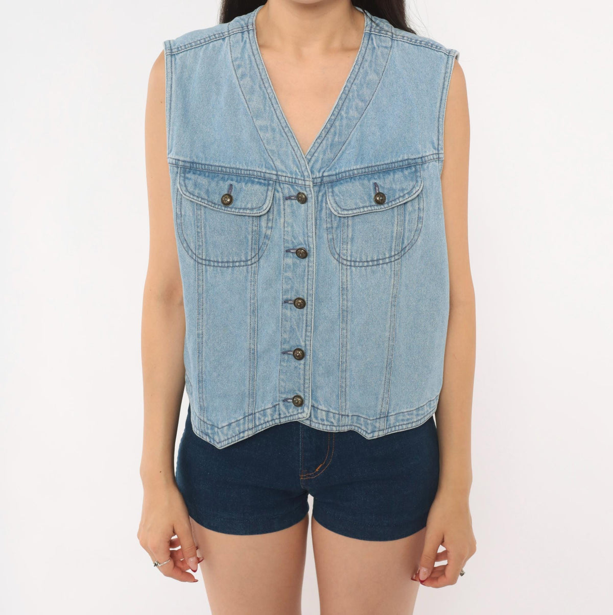 90s Light Blue Denim Vest Cotton Button Front Cropped Medium M