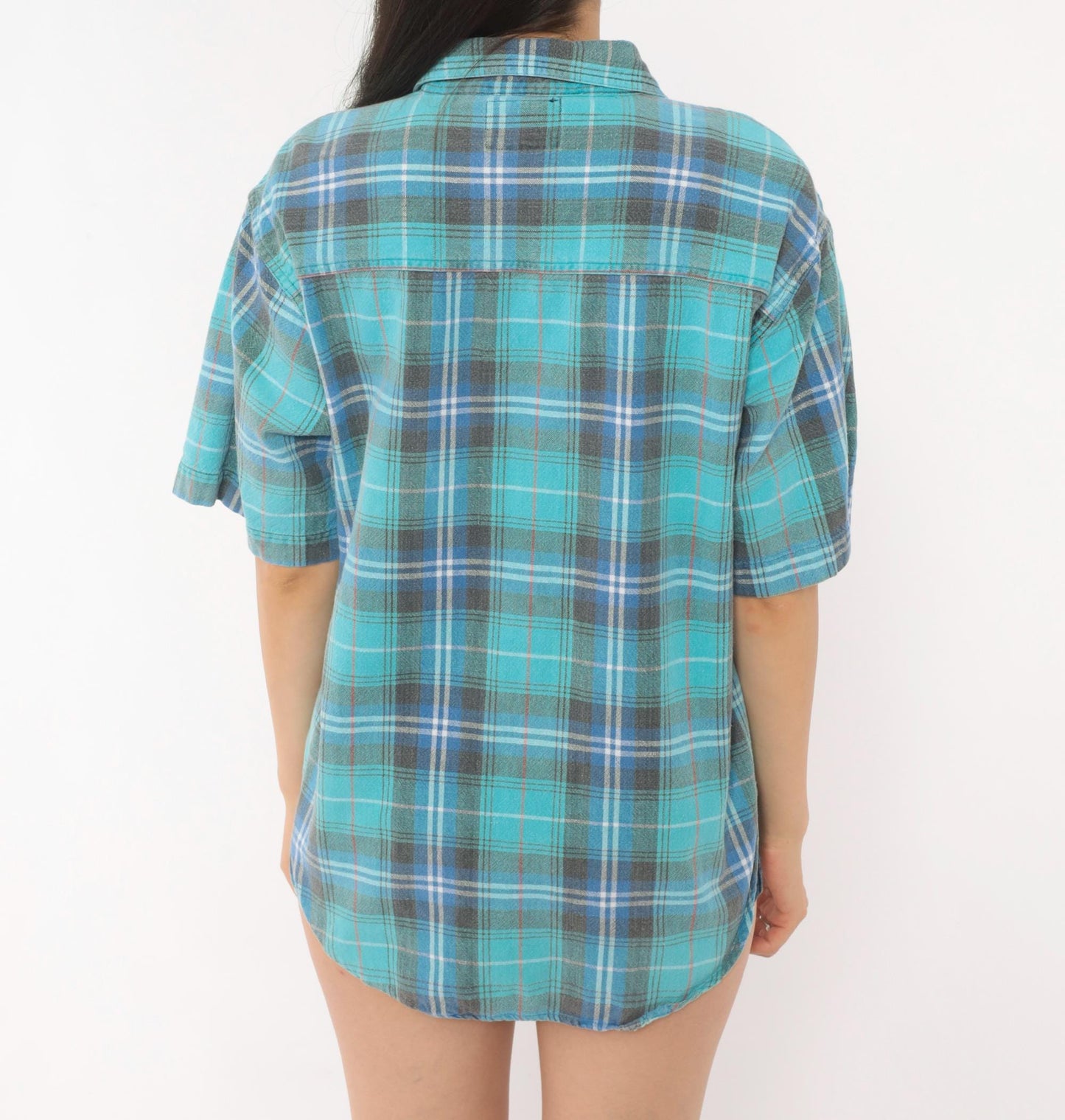 90s Quizz Plaid Flannel Shirt Teal Blue Grey Cotton Button-Up Medium