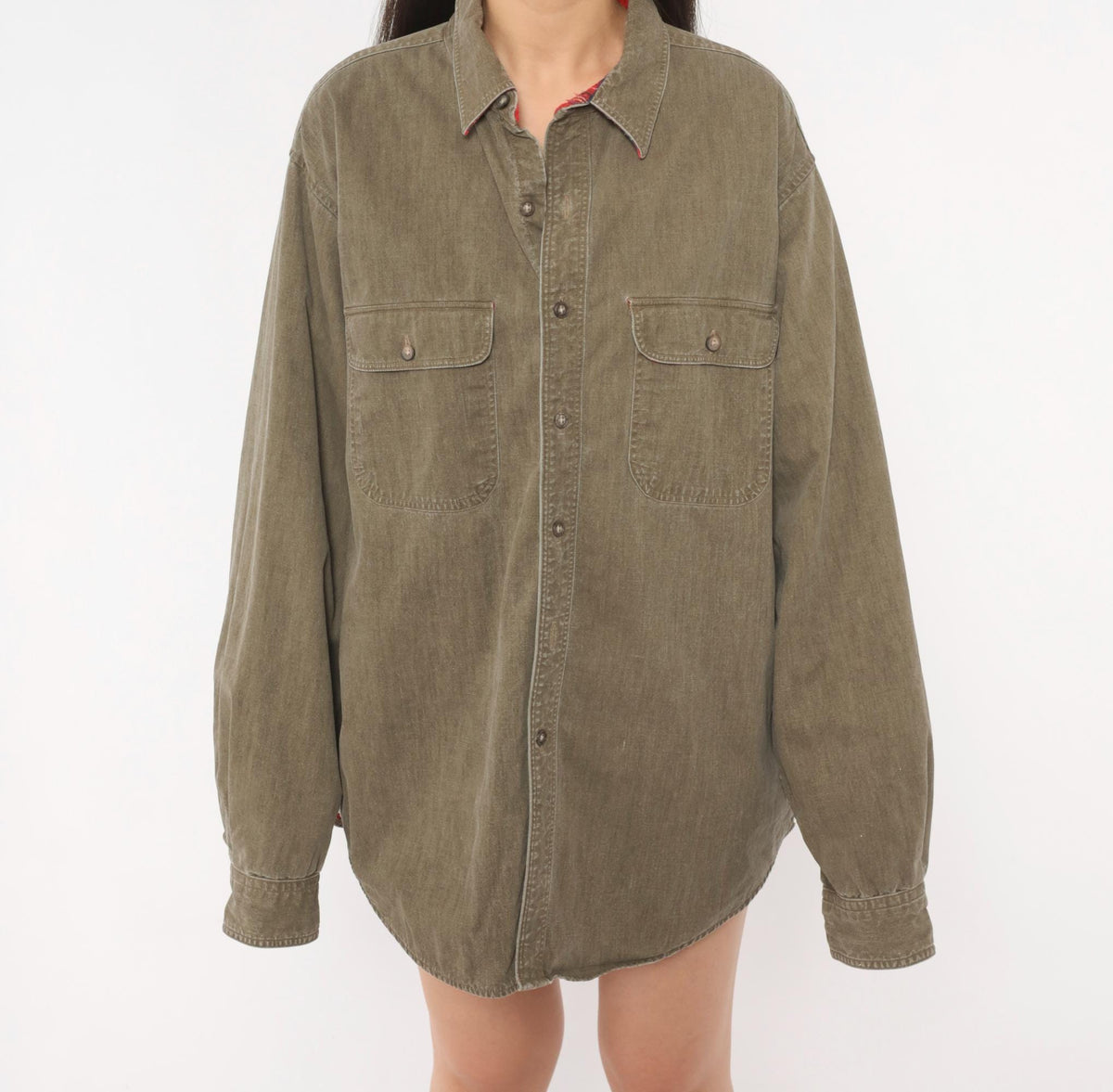 90s L.L.Bean Flannel Lined Work Shirt Olive Denim Cotton Button Front Extra Large XL