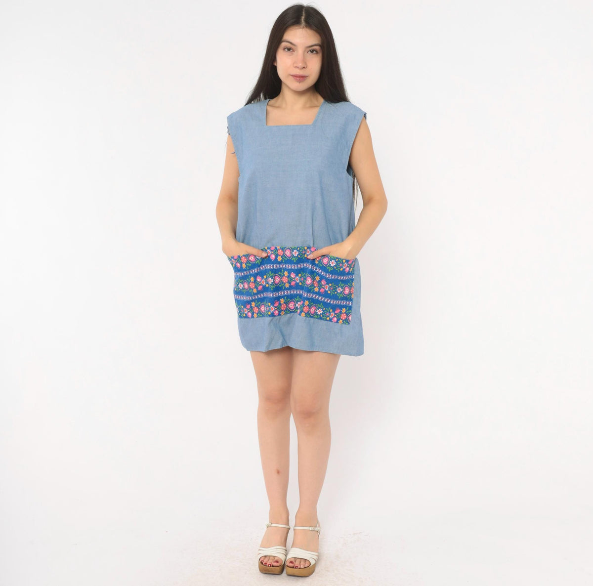 70s Light Blue Chambray Tunic Apron Dress Floral Print Open Back Small