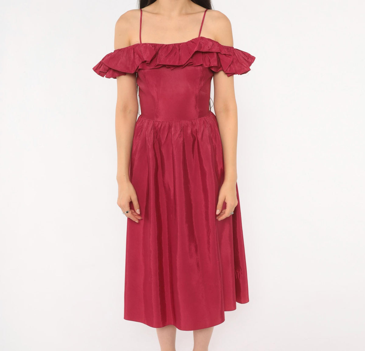 80s Raspberry Off-Shoulder Midi Dress Ruffle Gathered Skirt Extra Small