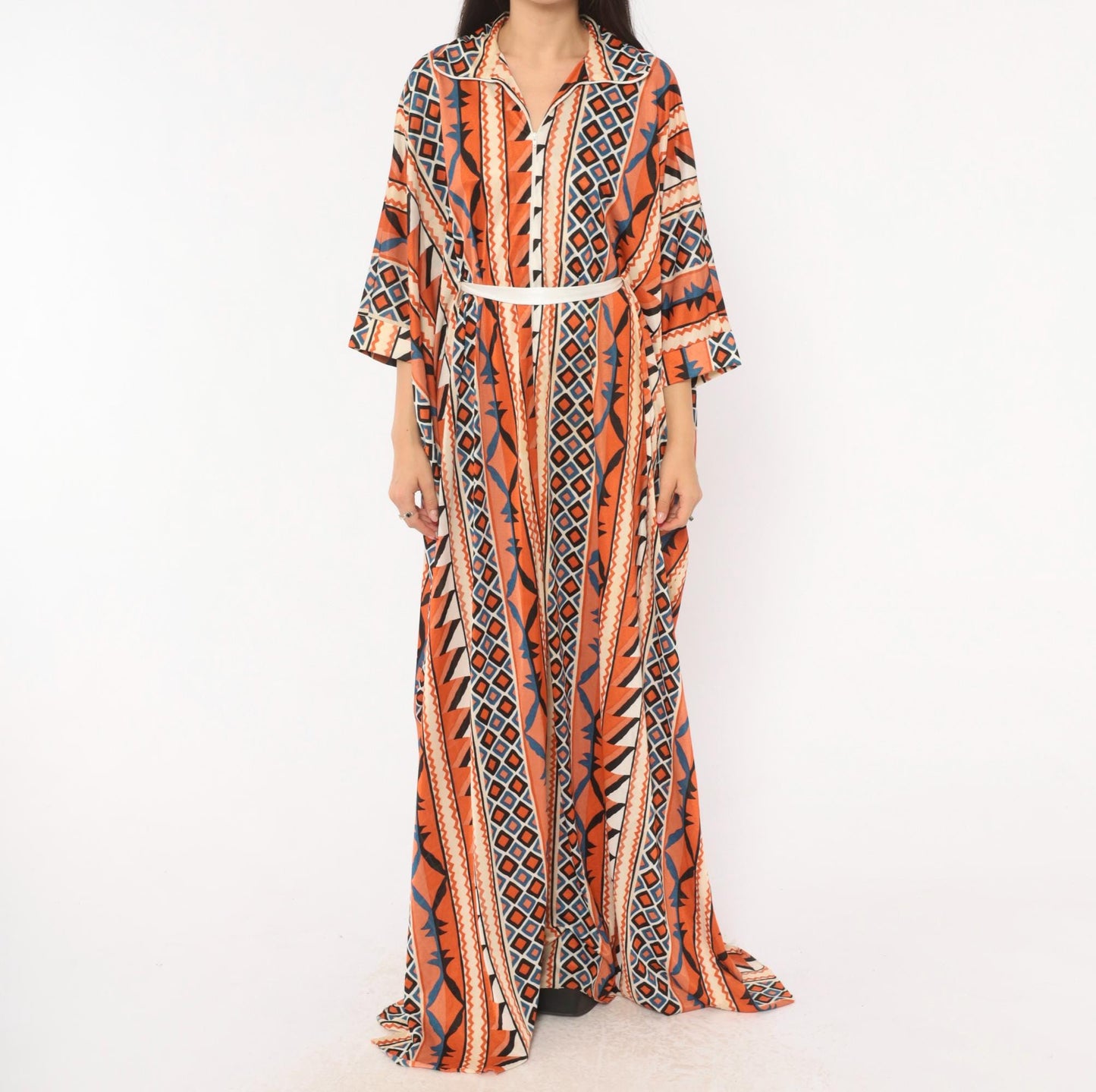 70s Le Voys Aztec Caftan Maxi Dress Orange Cream Blue Geometric Tribal Stripe One Size