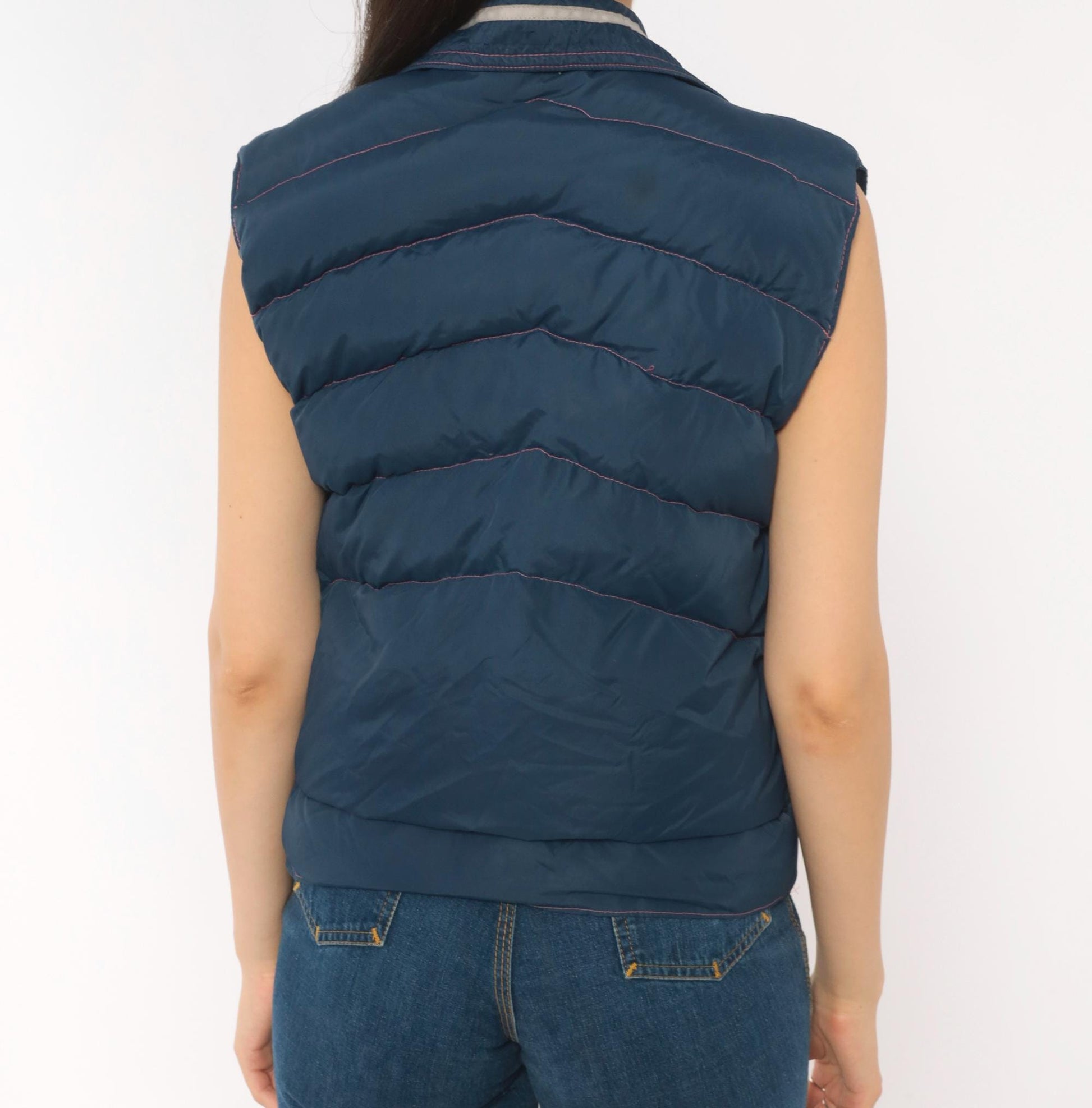 80s Frostline Kit Navy Puffer Vest Chevron Quilted Snap Front Small