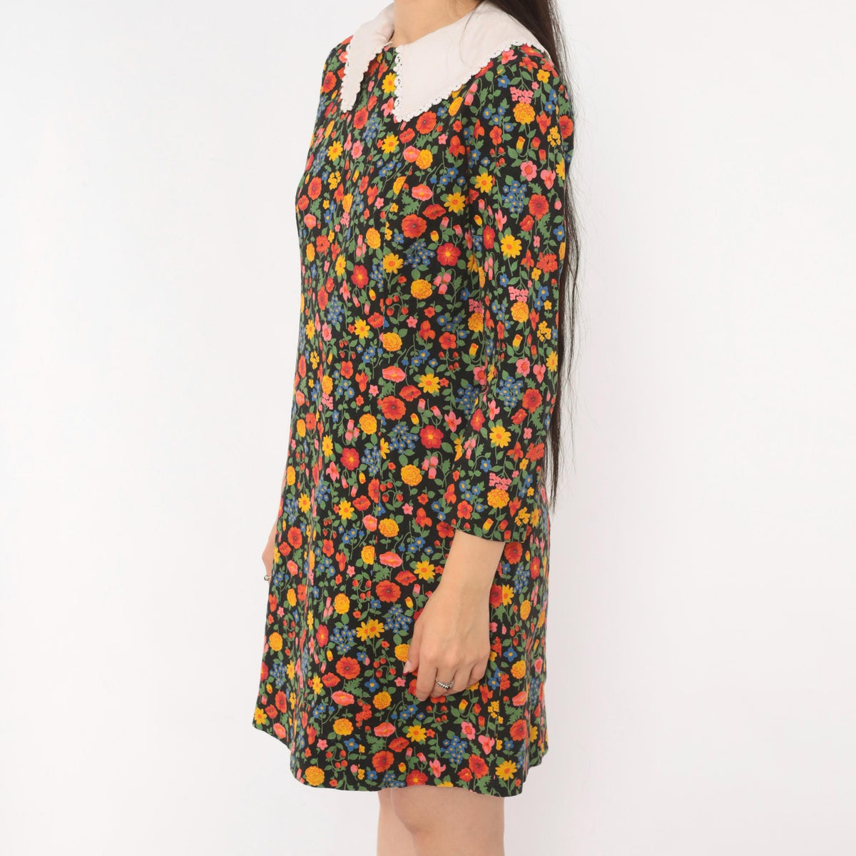 60s Black Floral Peter Pan Collar Shift Dress Wildflower Print Small