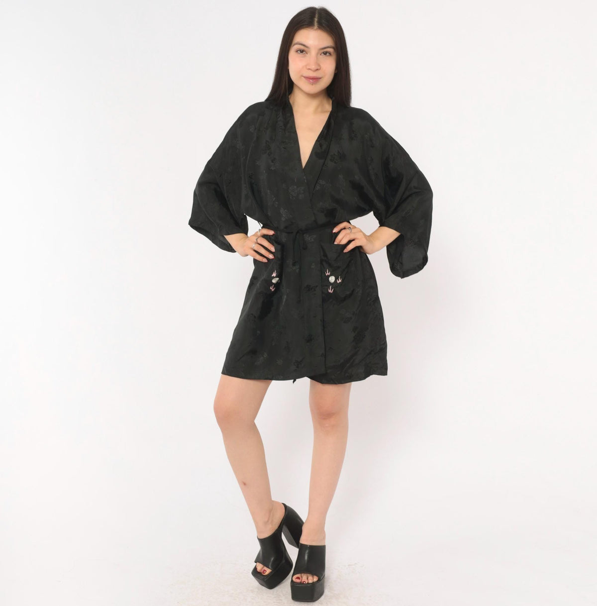 90s Golden Bee Black Satin Kimono Robe Dragon Embroidered Medium M
