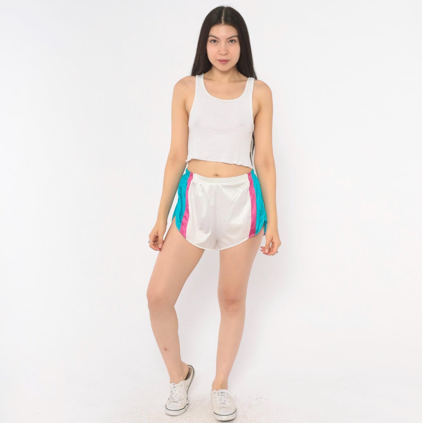 80s Nike Running Shorts White Teal Pink Color Block Small S