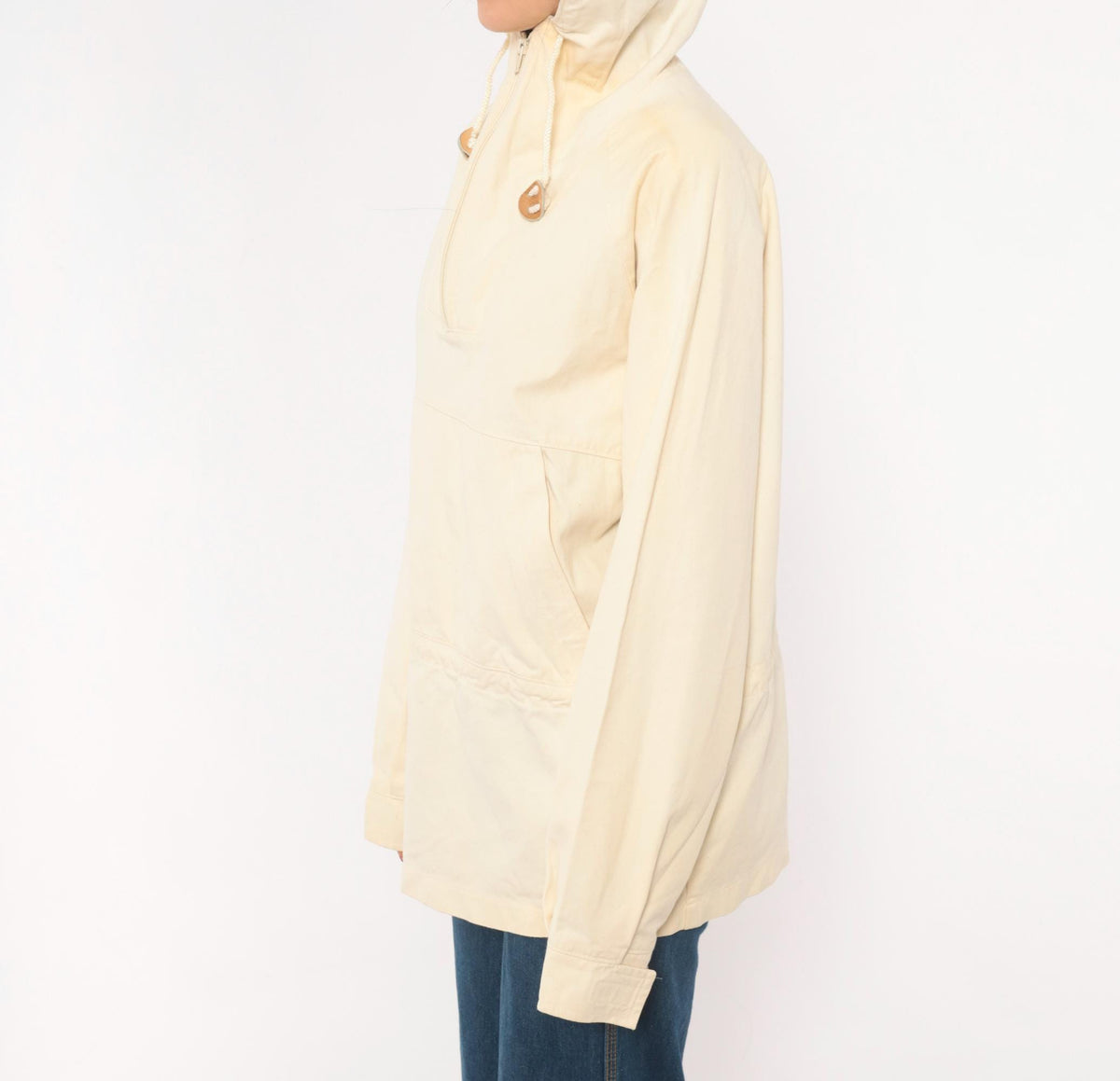 80s Woolrich Cream Cotton Anorak Half-Zip Hooded Pullover Jacket Medium
