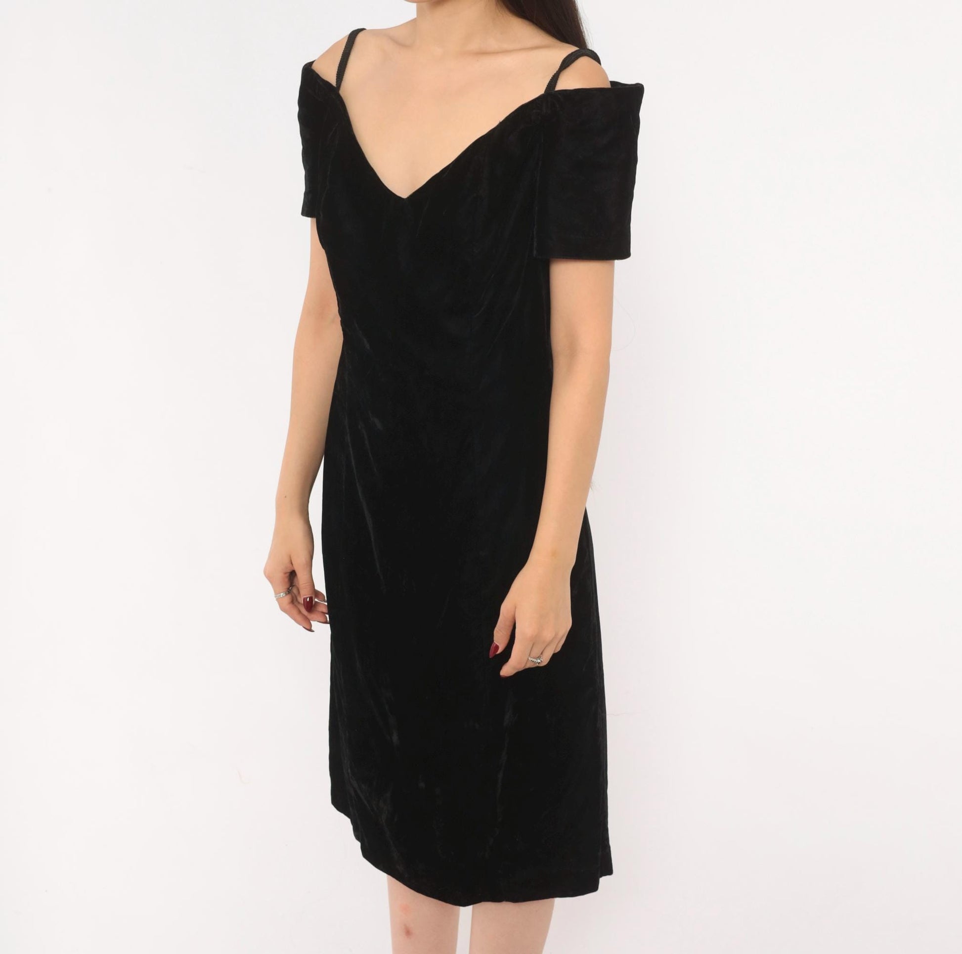 90s Black Velvet Off-Shoulder Dress V-Neck Spaghetti Strap Knee Length Medium M