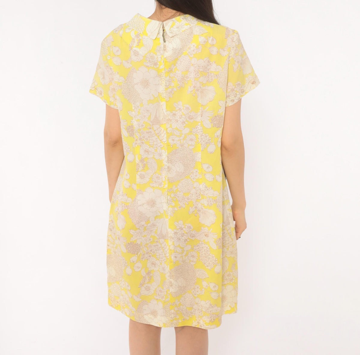60s Yellow Floral Shift Dress Peter Pan Collar A-Line Knee Length Large L