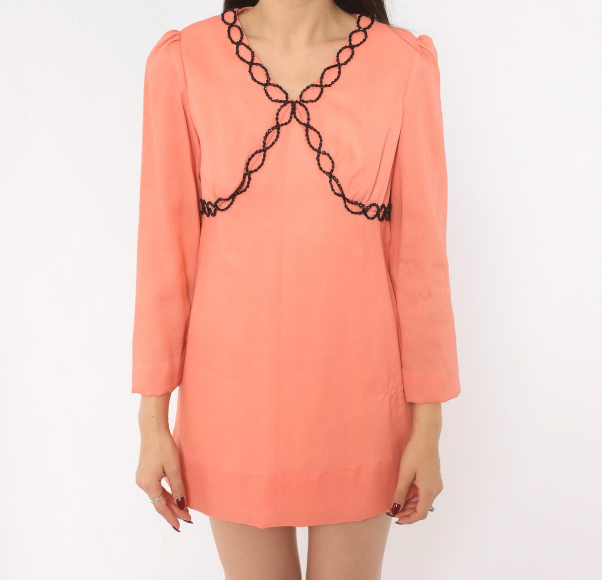 70s Peach Mini Dress Puff Sleeve V Neck Empire Waist Black Beaded Chain Small