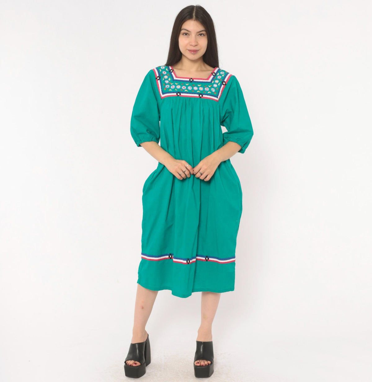 80s Naqui Teal Cotton Dress Embroidered Floral Yoke Puff Sleeve Small S