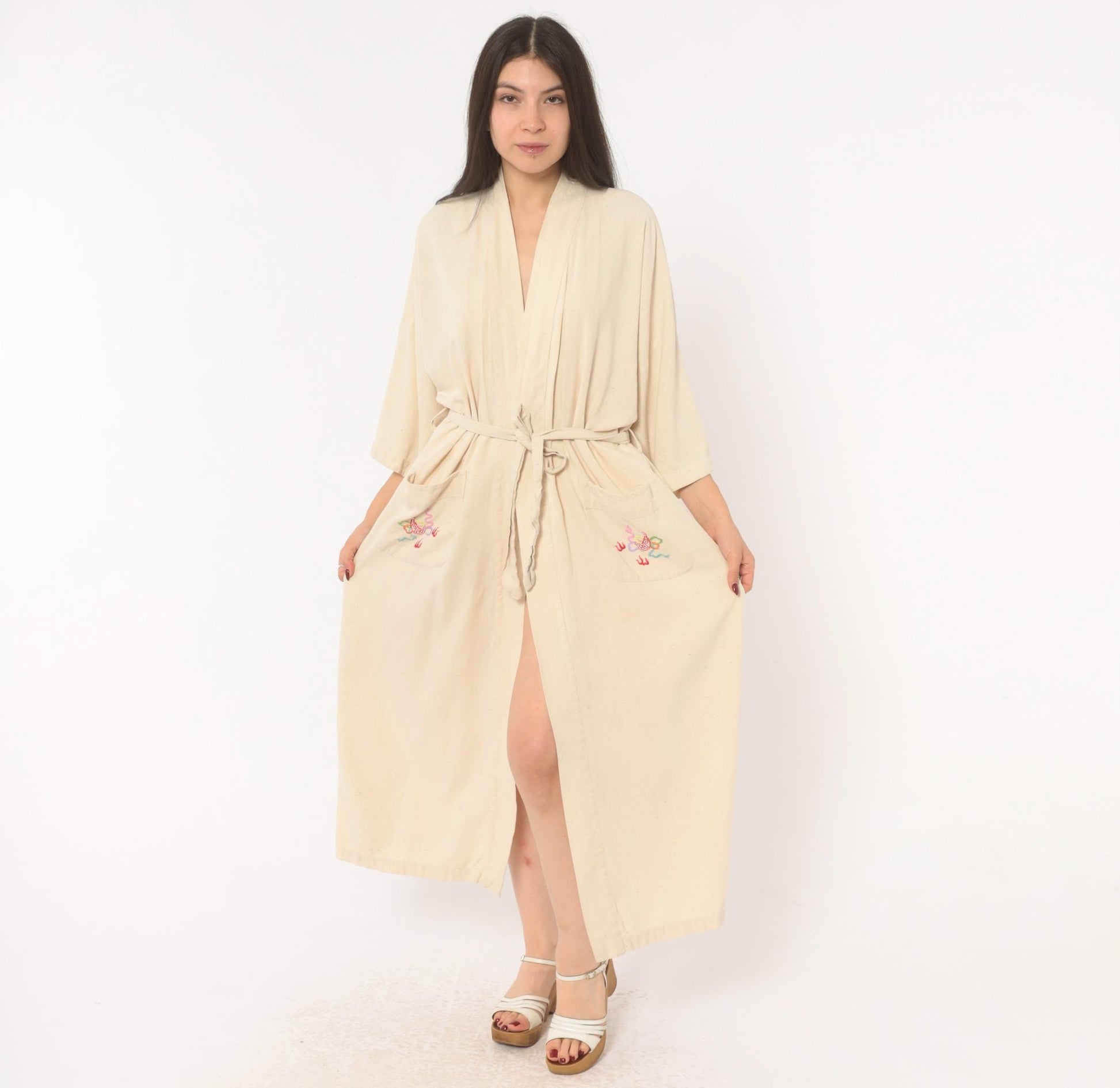 80s Health Silk Kimono Robe Dragon Embroidered Cream Midi Extra Large