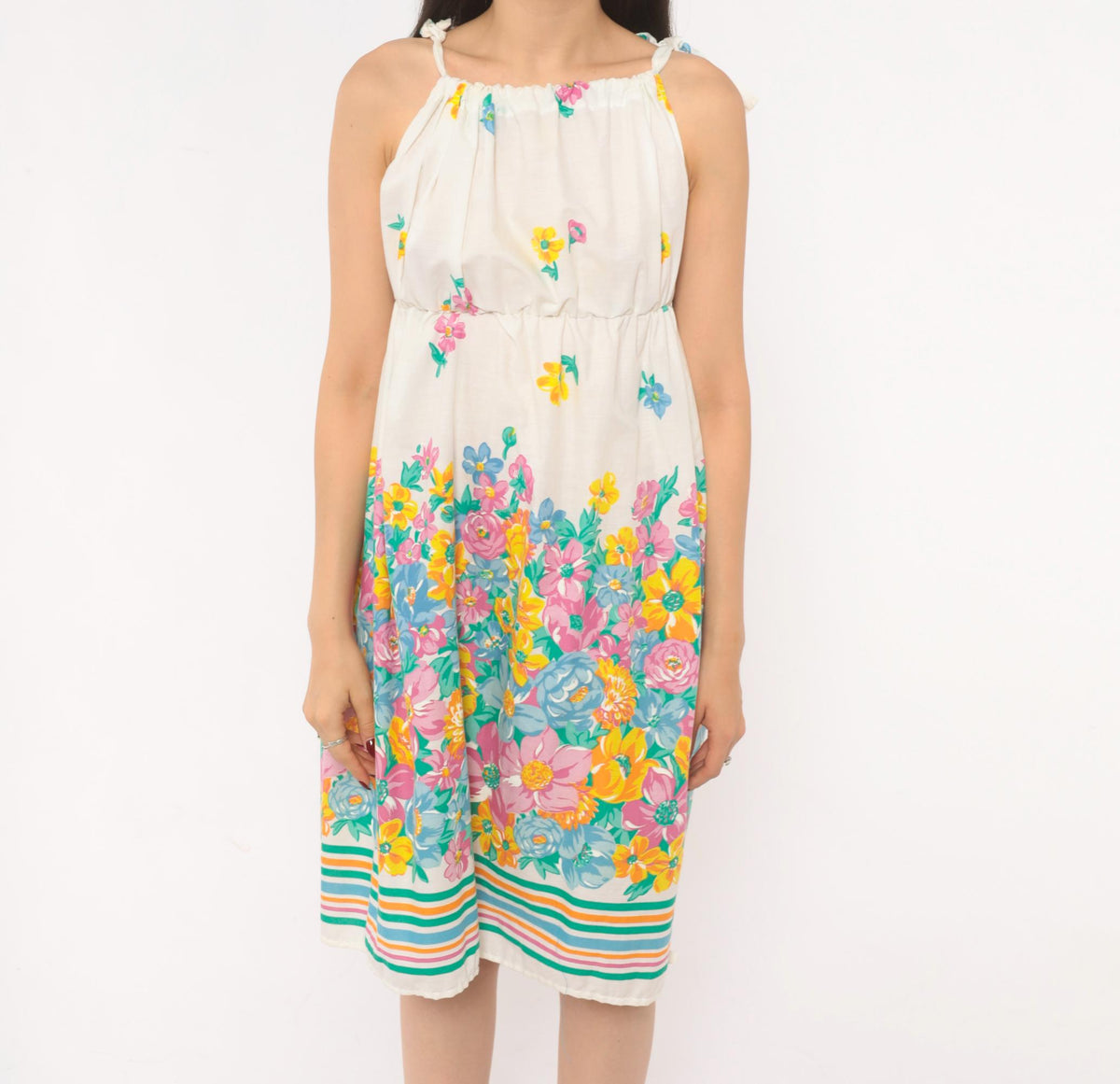 80s White Floral Cotton Sundress Tie Shoulder Knee Length Extra Small XS
