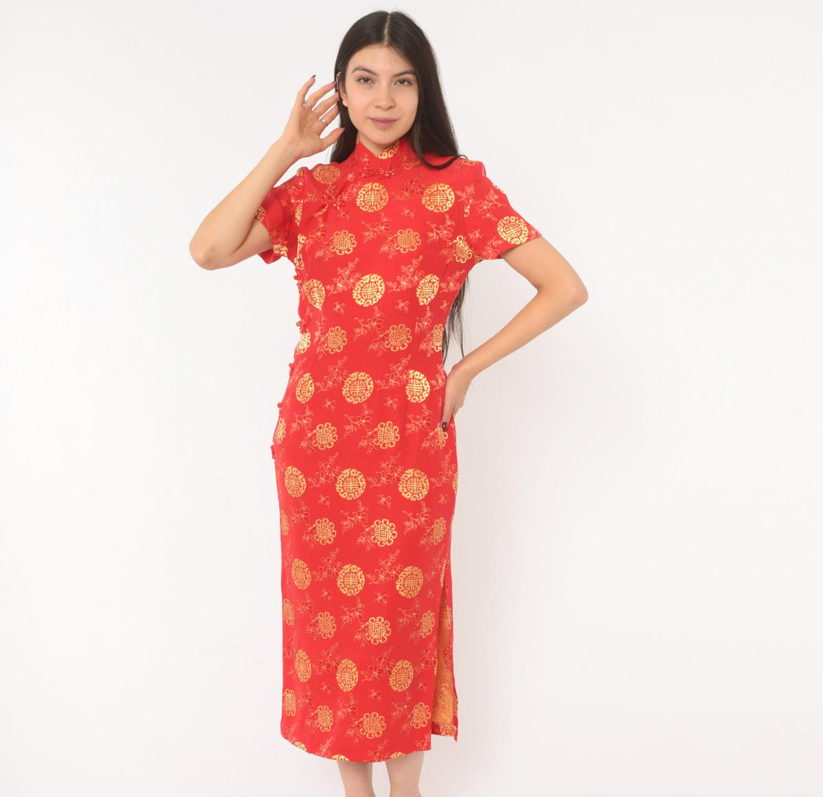 80s Red Gold Cheongsam Midi Dress Mandarin Collar Frog Button Small