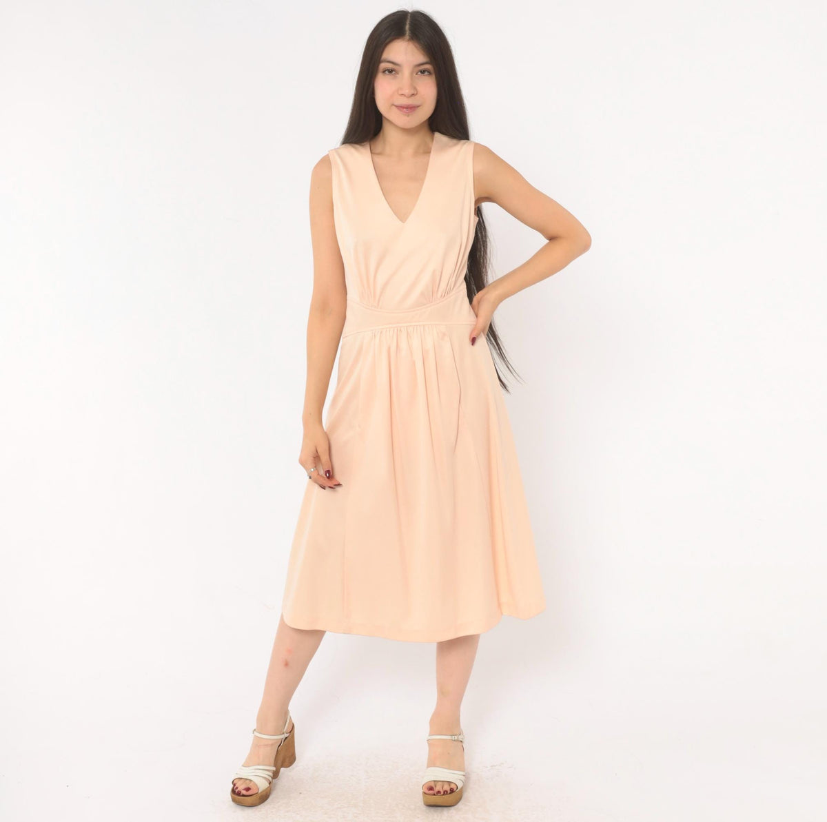 70s Plaza South Peach V-Neck Sundress Pleated Flare Midi Small