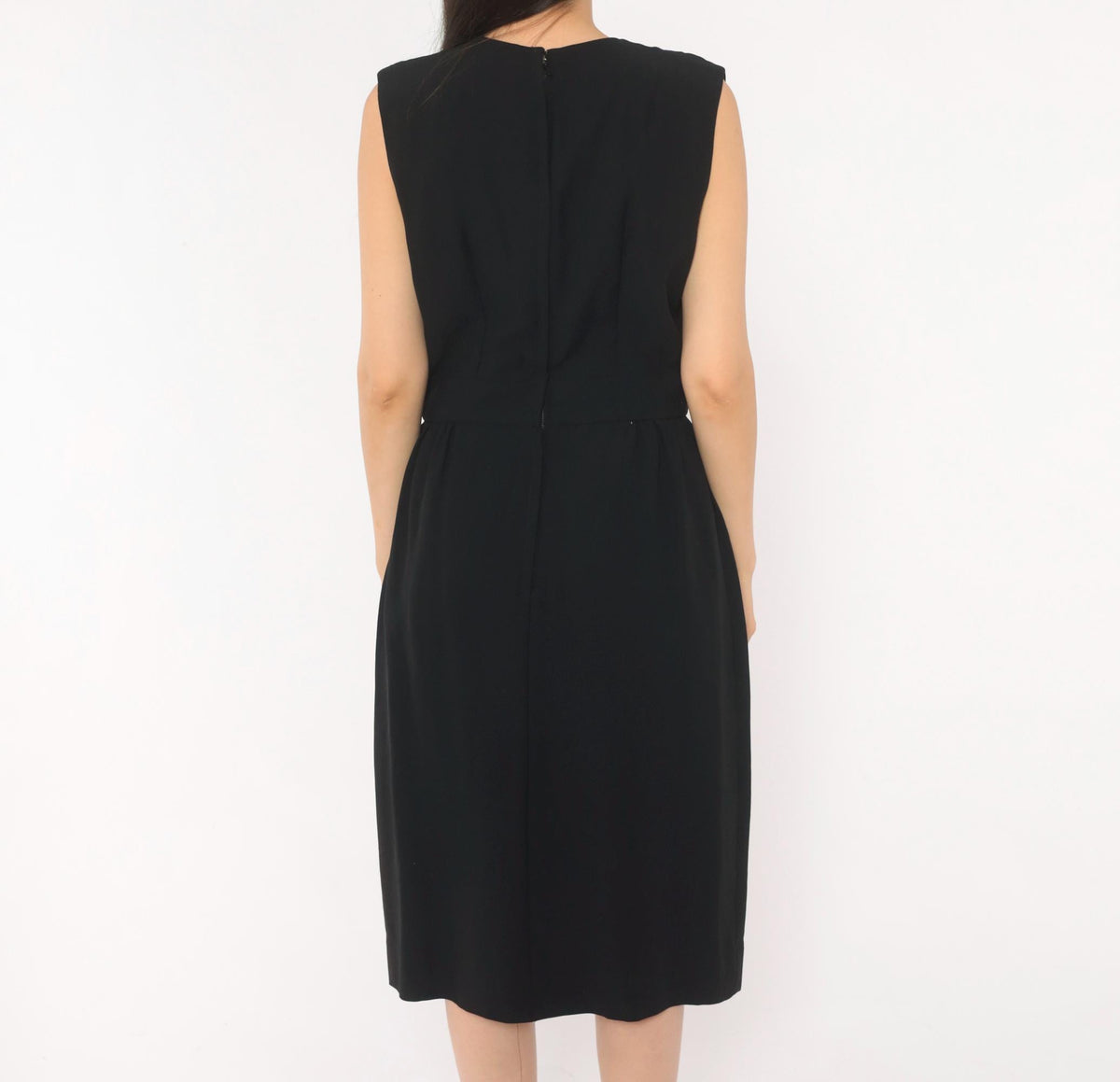 60s Black Mod Sleeveless Dress Bow Waist Knee Length A-Line Large L