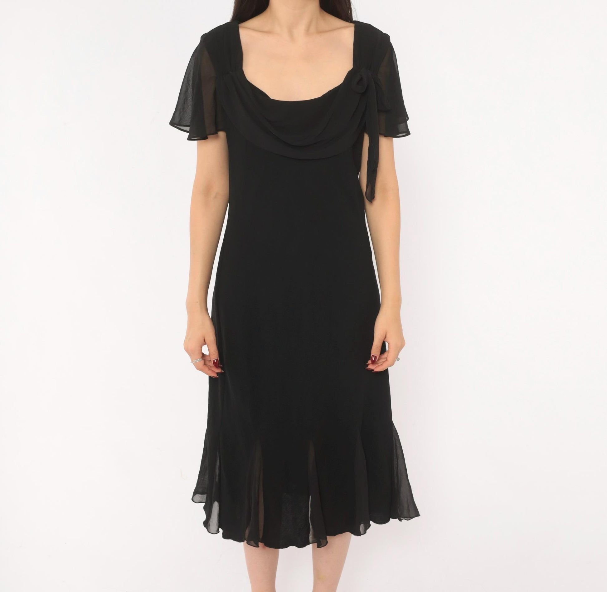 90s SL Fashions Black Chiffon Midi Dress Cowl Neck Flutter Sleeve Large