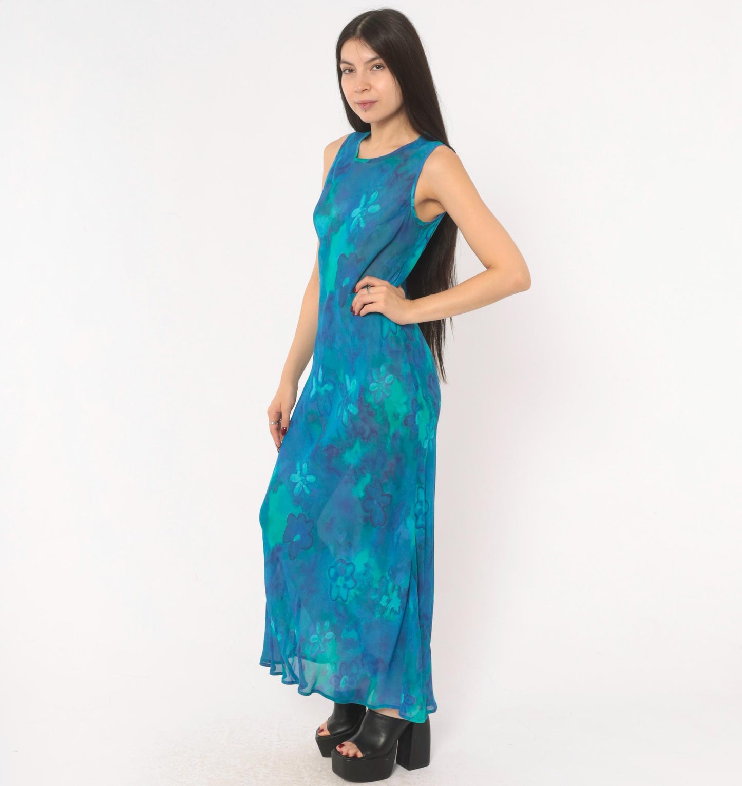 90s Mica Floral Maxi Dress Blue Teal Watercolor Chiffon Sleeveless Small S