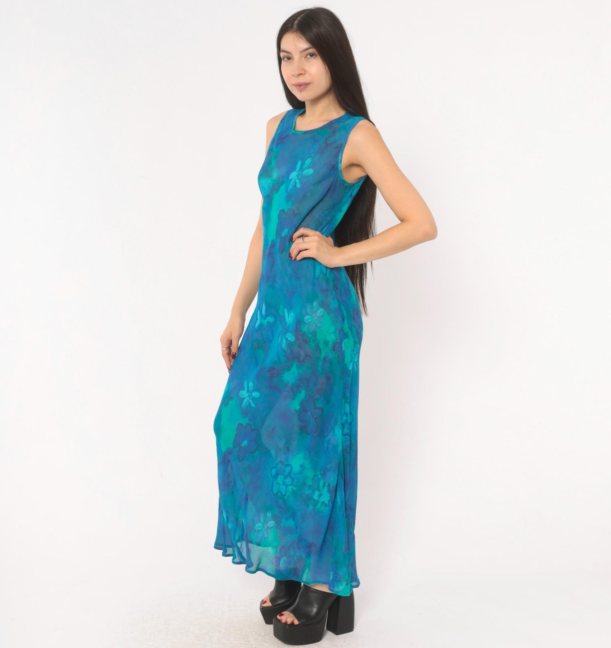 90s Mica Floral Maxi Dress Blue Teal Watercolor Chiffon Sleeveless Small S