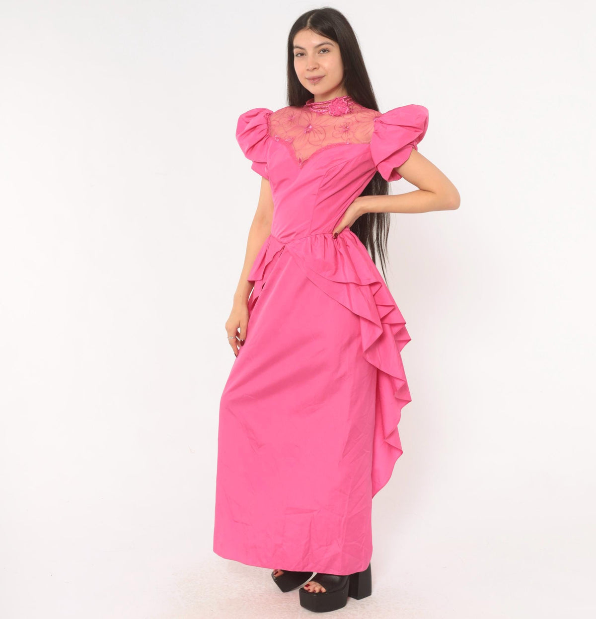 80s Eve Of Milady Hot Pink Maxi Gown Puff Sleeve Peplum Lace Bodice Small