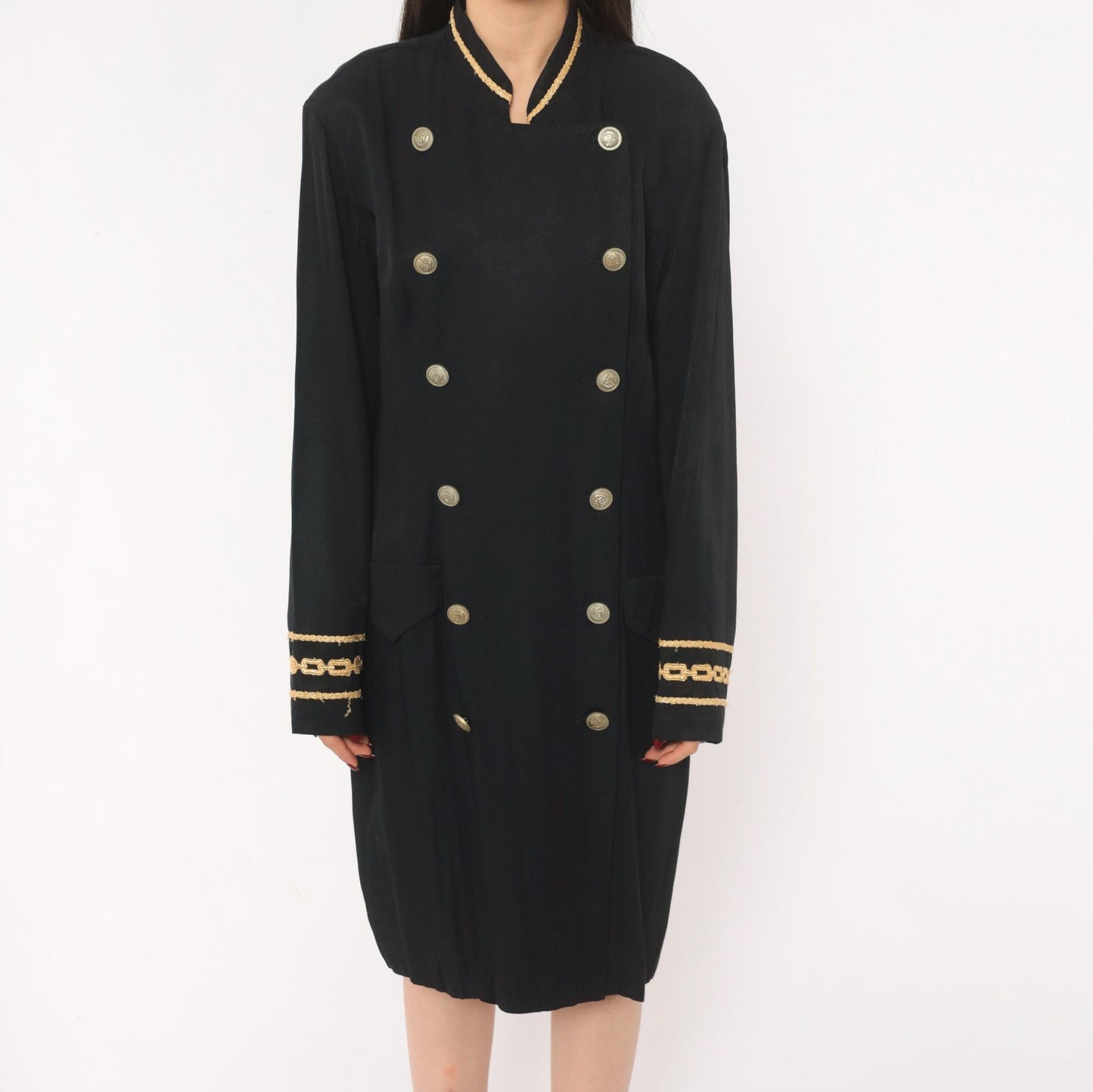 90s Marnie West Military Coat Dress Black Gold Chain Mandarin Collar Large L