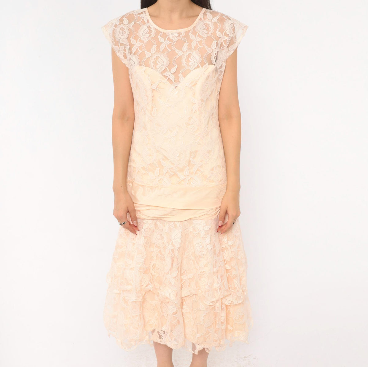 80s Peach Lace Midi Dress Drop Waist Sweetheart Neckline Cap Sleeve Small S
