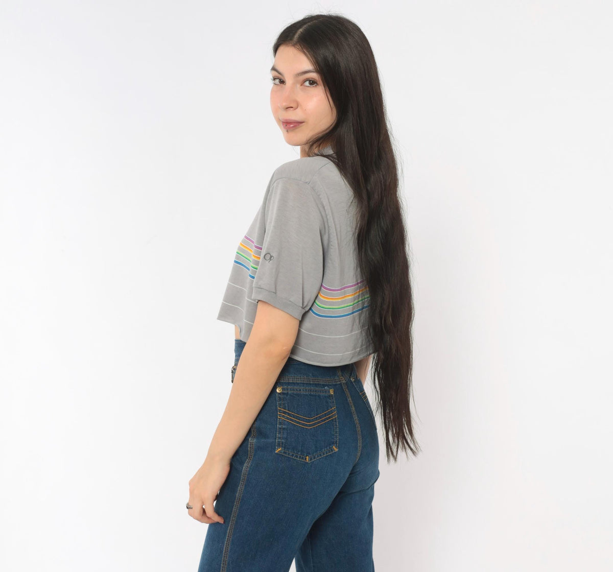 80s Rainbow Stripe Crop Polo Grey Cotton Short Sleeve Medium M