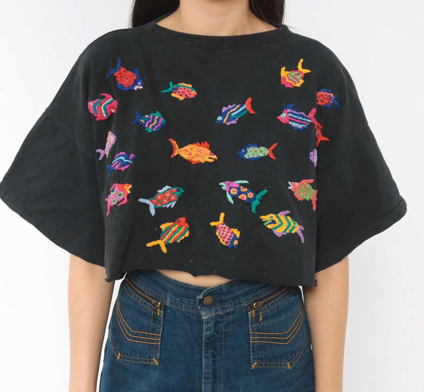 90s Las Manos Embroidered Fish Crop Top Black Cotton Rainbow Tropical Medium